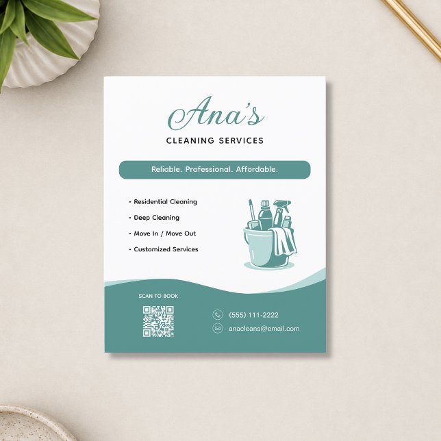 Städtjänster Husstädning Teal QR-kod Flygblad (Cleaning Services Housekeeping Teal QR Code Flyer)
