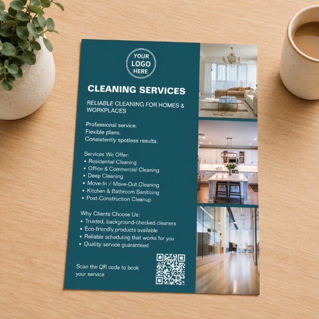 Städtjänster Teal Foto Logotyp QR Flygblad (Cleaning Services Teal Photo Logo QR Flyer)