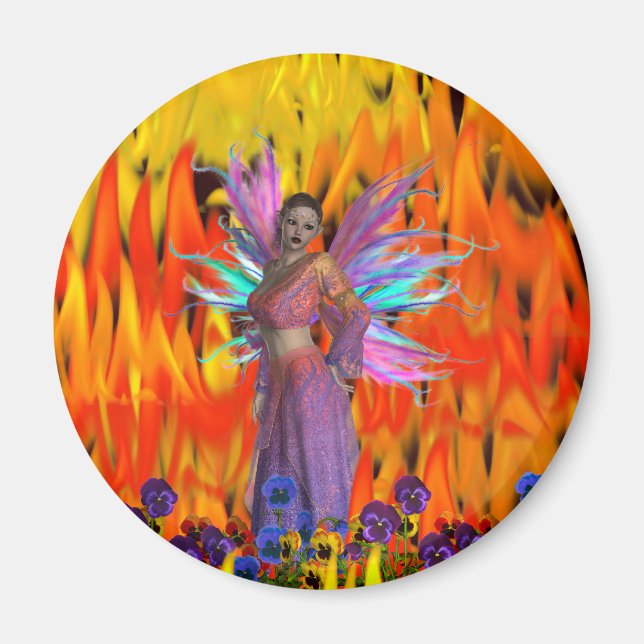 Stående Fairy i fält av flammor med blommor Magnet (Framsidan)