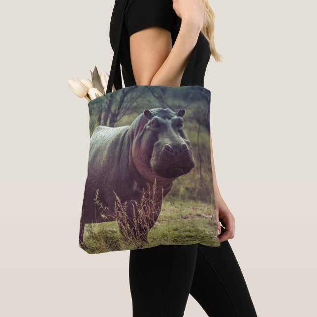 Stående Hippo Posing i Camera i Afrika Foliage Tygkasse (Närbild)