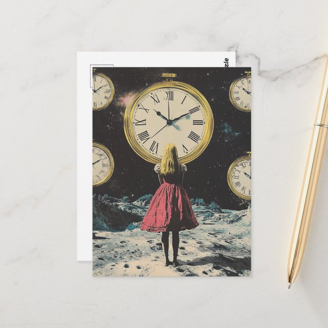 Stående i Time Surreal Pocket Watch Land Vykort (Fram/Back In Situ)