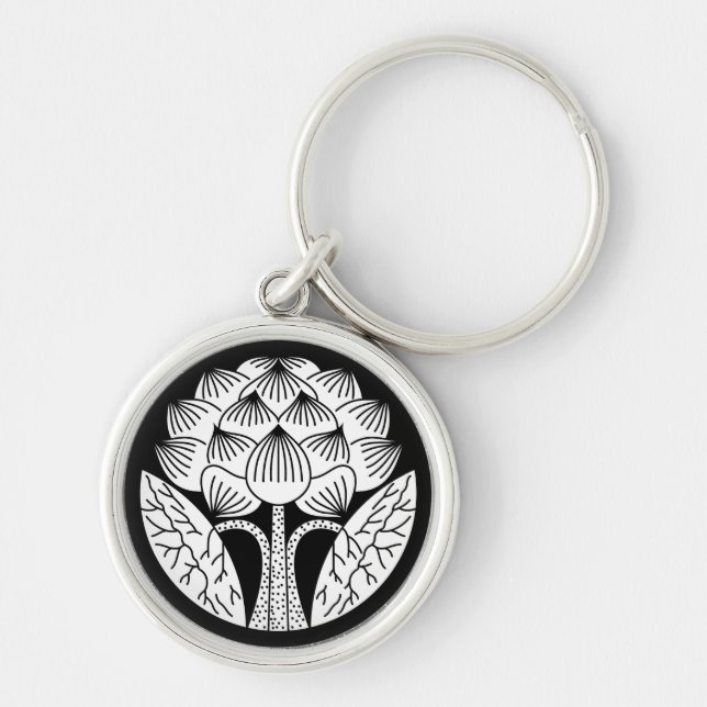 Stående Lotus-blomma Rund Silverfärgad Nyckelring (Framsidan)