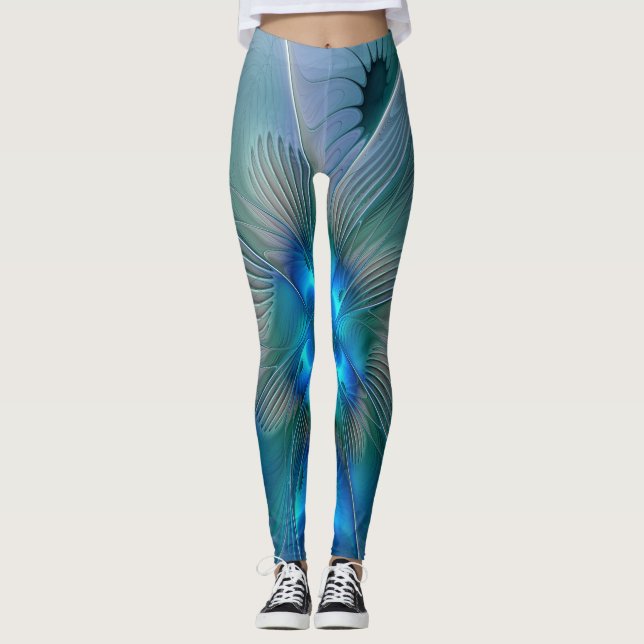 Stående ovationer, Abstrakt Blå Turkos Fraktal Leggings (Framsida)