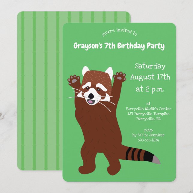 Stående Red Panda Cute Grönt Anpassningsbar Party Inbjudningar (Fram/baksida)