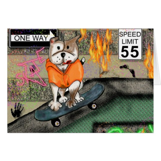 Staffie leenden - skaterpojke hälsningskort (Framsidan Horizontal)