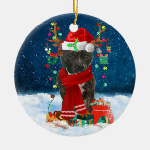 Stafford Bull Terrier i Snö med jul Julgransprydnad Keramik