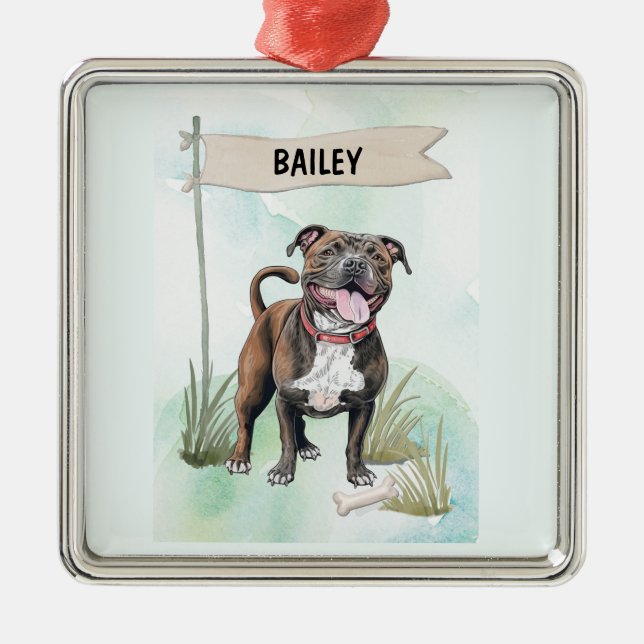 Staffordshire Bull Terrier Watercolor Personalized Julgransprydnad Metall (Framsidan)