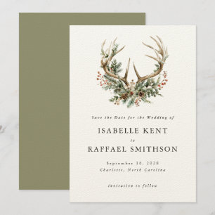 Stag Antlers Rustic Winter Blommigt Greenery Bröll Spara Datumet