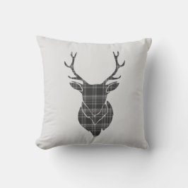 Stag Head och Grått Tartan Mönster Kudde