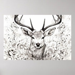 Stag Hjort fredliga naturen Prairie Sketch Tecknin Poster