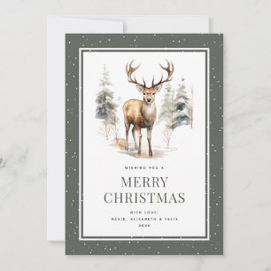 Stag Hjort Snowy Watercolor Grönt God jul Julkort