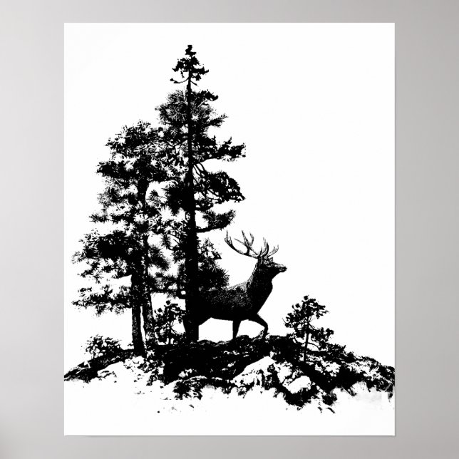 Stag Hjort Träd Forest Animal Silhouette Natature  Poster (Framsidan)