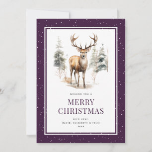 Stag Hjort Watercolor Lila Snowy God jul Julkort