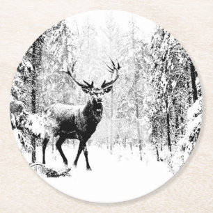 Stag Hjort Winter Forest Wildlife Animal Nature ar Underlägg Papper Rund