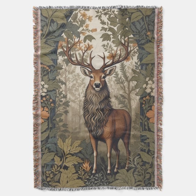 Stag i skogen William Morris Inspired Filt (Framsidan Vertikal)
