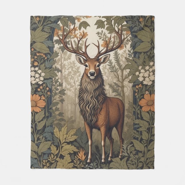 Stag i skogen William Morris Inspired Fleecefilt (Framsidan)