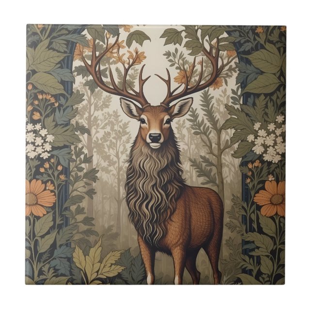 Stag i skogen William Morris Inspired Kakelplatta (Framsidan)