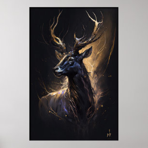 Stag Porträtt Animal Nature Wildlife Mörk Painting Poster