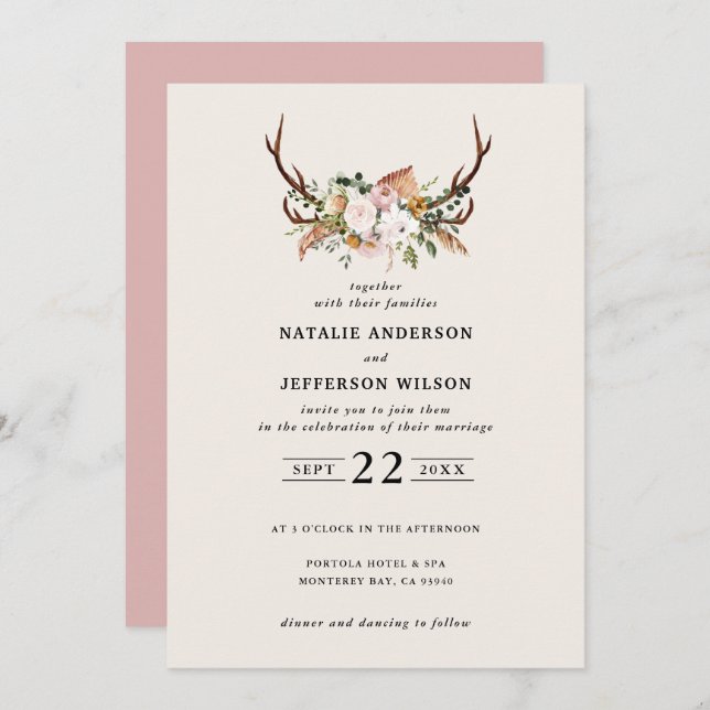Stag  rosa blommigt rustik elegant modern inbjudningar (Fram/baksida)