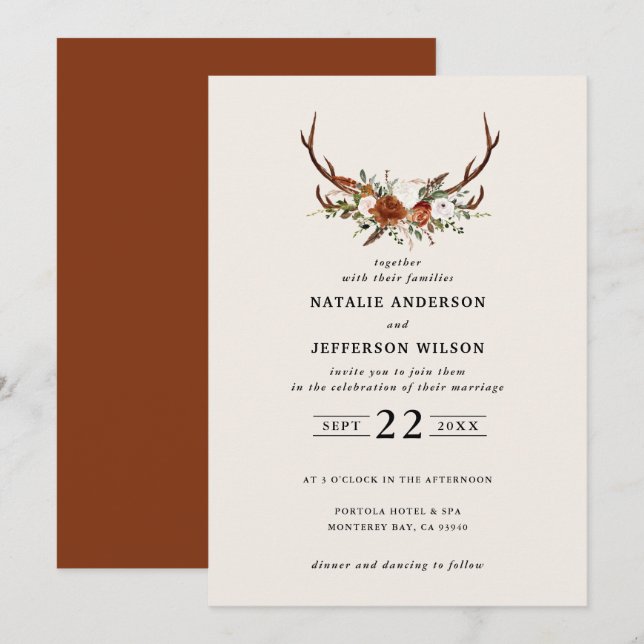 Stag-rost terracotta-blommigtens elegant, modern inbjudningar (Fram/baksida)
