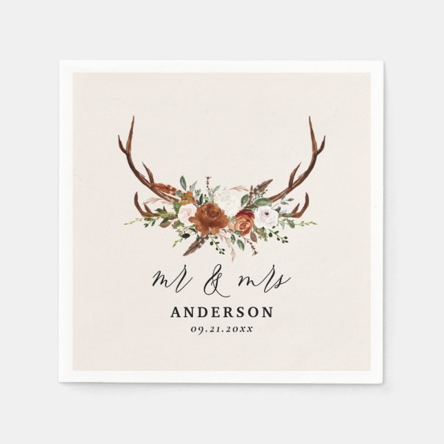 Stag Rustic botanical bröllop mr och Mrs. Pappersservett (Framsidan)
