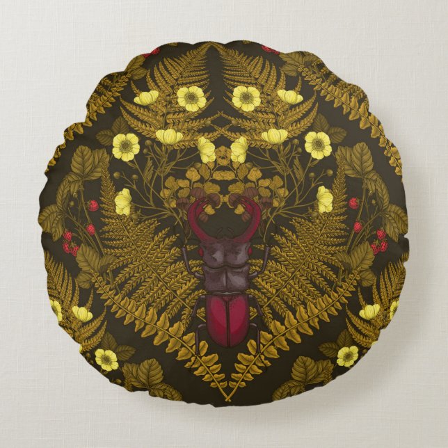 Stag-skalbaggar och ängar rund kudde (Framsidan)