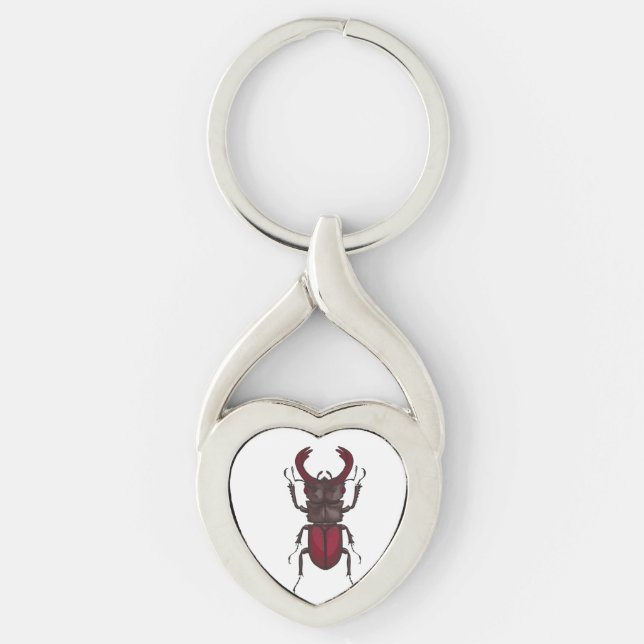 Stag-skalbagge Twisted Heart Silverfärgad Nyckelring (Framsidan)