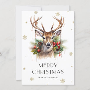 Stag Snowflake Watercolor God jul Card Julkort