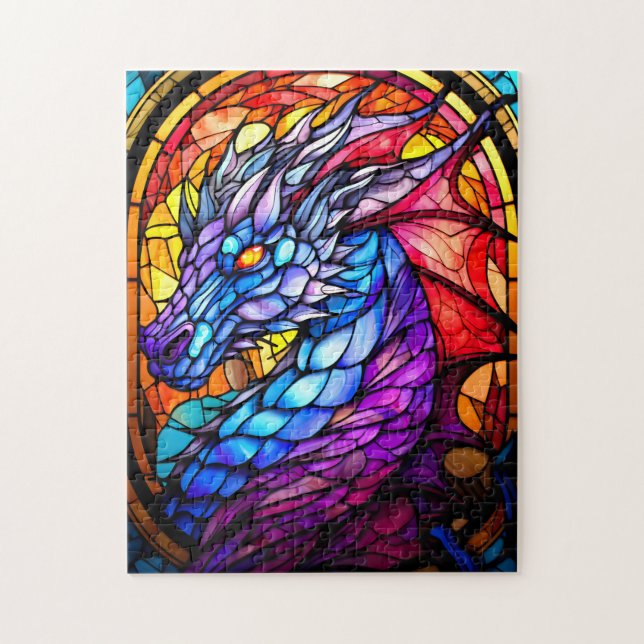 Stain Glass Blue och Lila Dragon Puzzle Pussel (Vertikal)