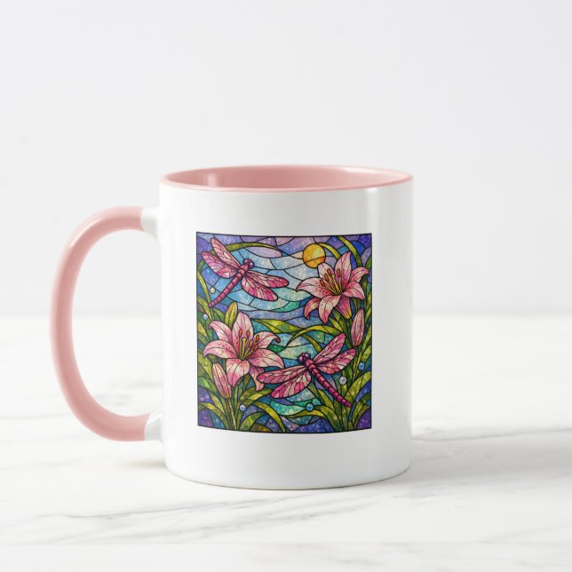 Stain Glass Lilies and Dragon Flies Pink Mugg (Vänster)