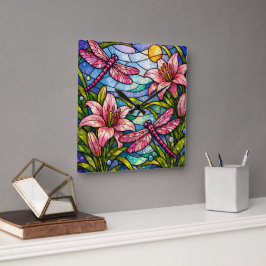 Stain Glass Lilies and Dragonflies Pink Fyrkantig Klocka