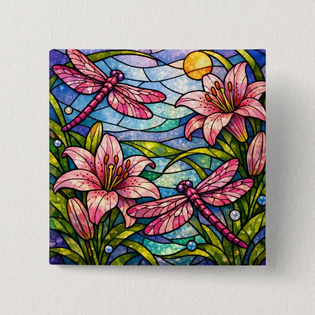 Stain Glass Lilies and Dragonflies Pink Knapp (Framsida)