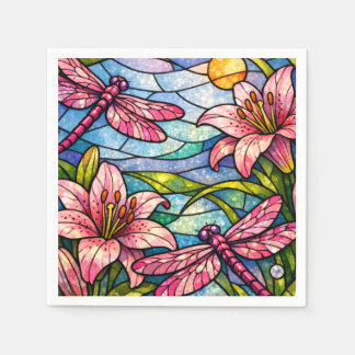 Stain Glass Lilies and Dragonflies Pink Pappersservett