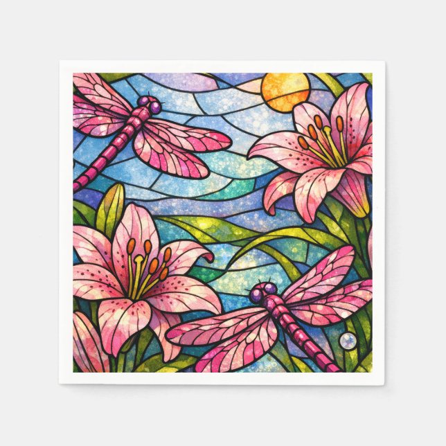 Stain Glass Lilies and Dragonflies Pink Pappersservett (Framsidan)