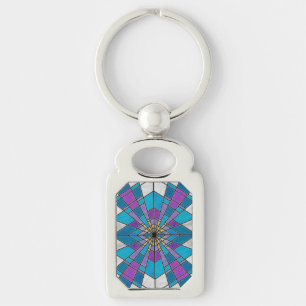 Stain Glass Ray Blue och Lila Rektangulärt Silverfärgad Nyckelring