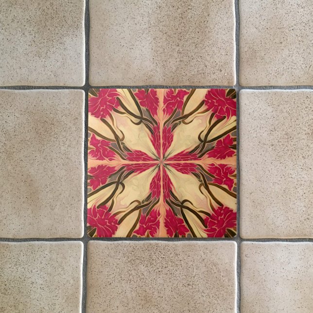 Stain Glass Titta på Art nouveau Rosa Blommönster Kakelplatta (Skapare uppladdad)