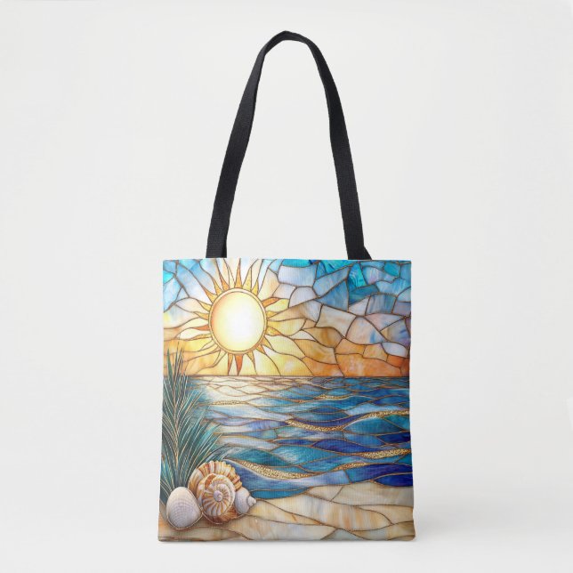 Stained Glass Beach Sunset Tote Bag Tygkasse (Framsida)