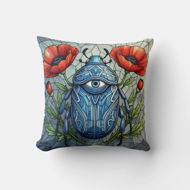 Stained Glass Beetle Eye Poppies Unique Bug Insect Kudde (Framsida)