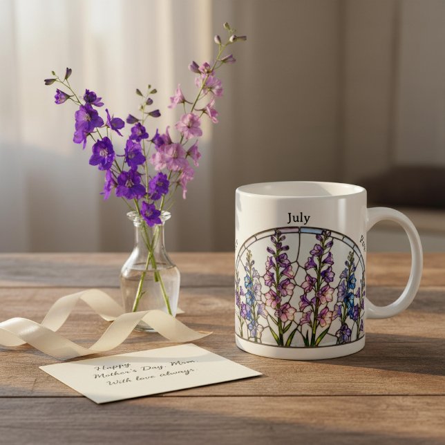 Stained Glass Birth Flower July Larkspur Name Kaffemugg (Skapare uppladdad)