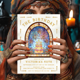 Stained Glass Birthday Party Cake Tarot Card Inbjudningar