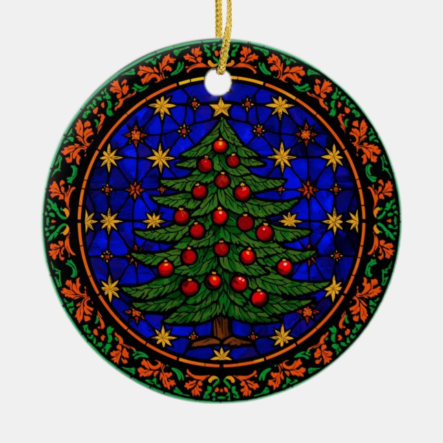 Stained Glass Blue Night Christmas Tree Julgransprydnad Keramik (Framsidan)