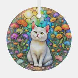 Stained-Glass Cat and Wildflowers Glass Ornament