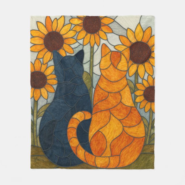 Stained Glass Cats and Sunflowers Art Design Fleecefilt (Framsidan)