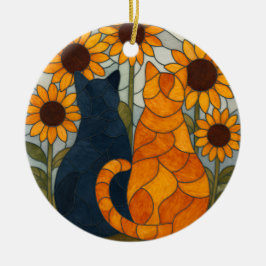 Stained Glass Cats and Sunflowers Art Design Julgransprydnad Keramik