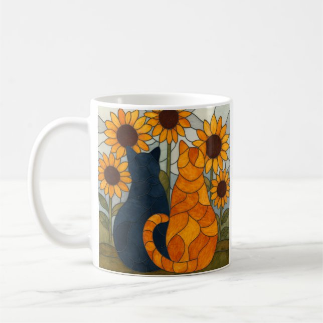 Stained Glass Cats and Sunflowers Art Design Kaffemugg (Vänster)