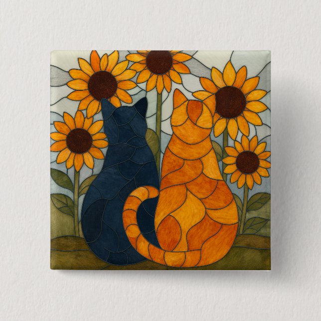 Stained Glass Cats and Sunflowers Art Design Knapp (Framsida)