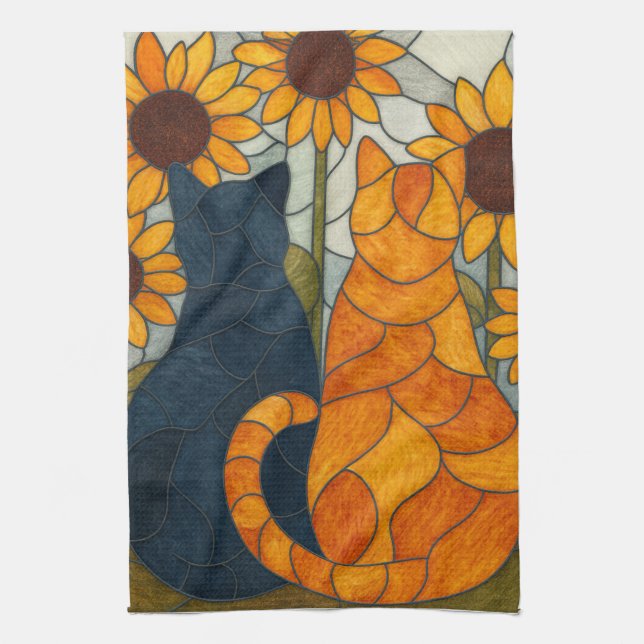 Stained Glass Cats and Sunflowers Art Design Kökshandduk (Vertikal)