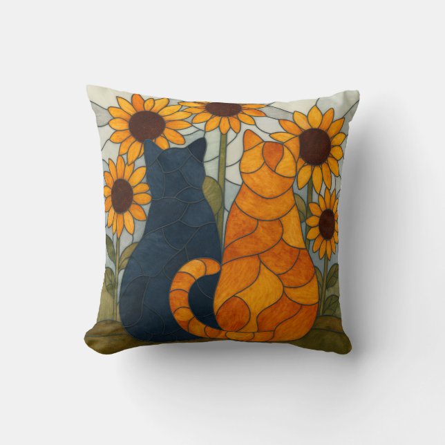 Stained Glass Cats and Sunflowers Art Design Kudde (Framsida)
