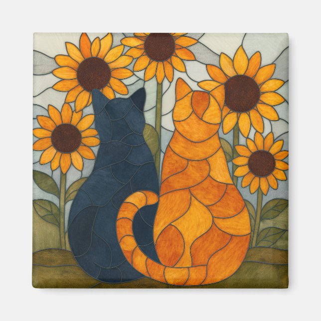 Stained Glass Cats and Sunflowers Art Design Magnet (Framsidan)