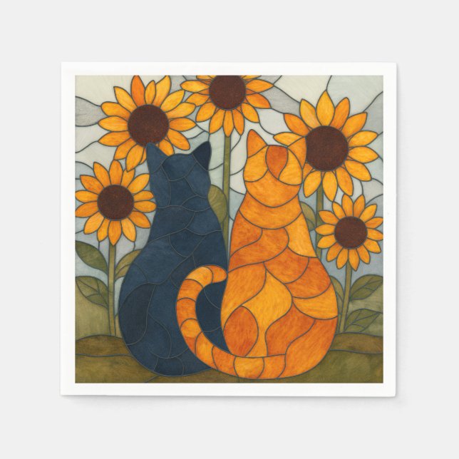 Stained Glass Cats and Sunflowers Art Design Pappersservett (Framsidan)